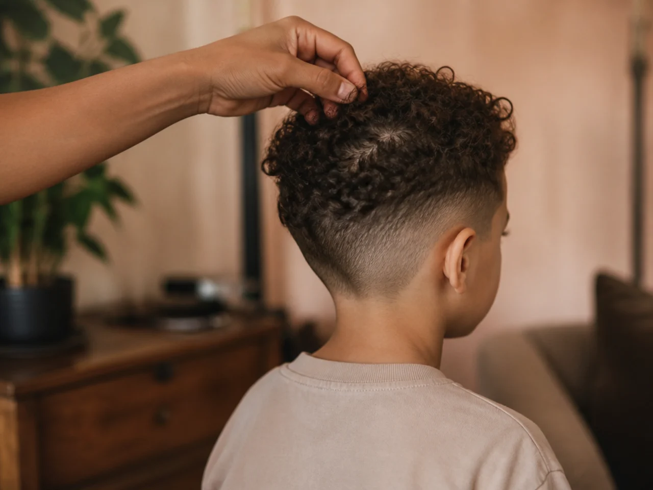 A parent checking the curl pattern at the crown of a boy's head