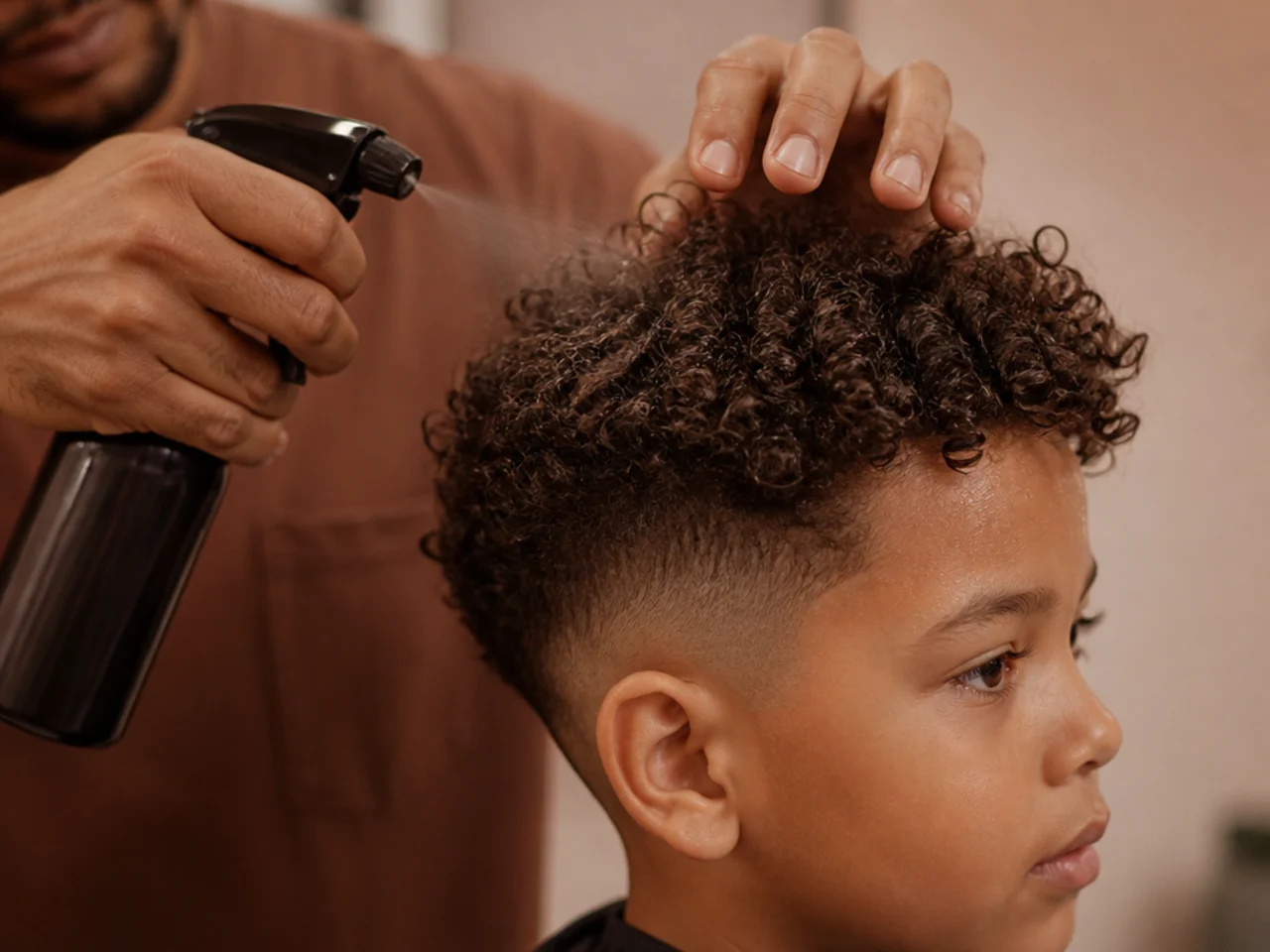A parent refreshing a boy's mixed-texture curls with water