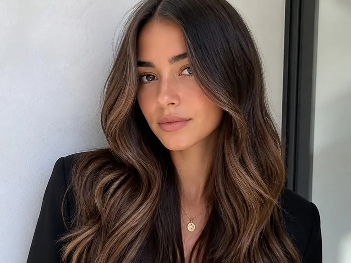 Mocha ribbon balayage on dark brown hair