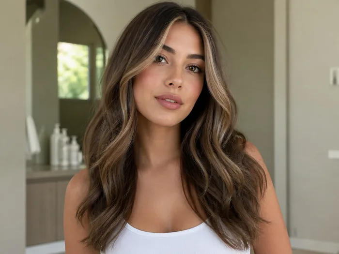Mocha balayage with a bright face-framing money piece