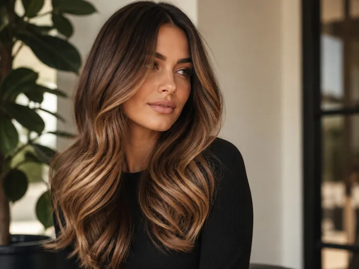 Caramel mocha balayage with golden highlights