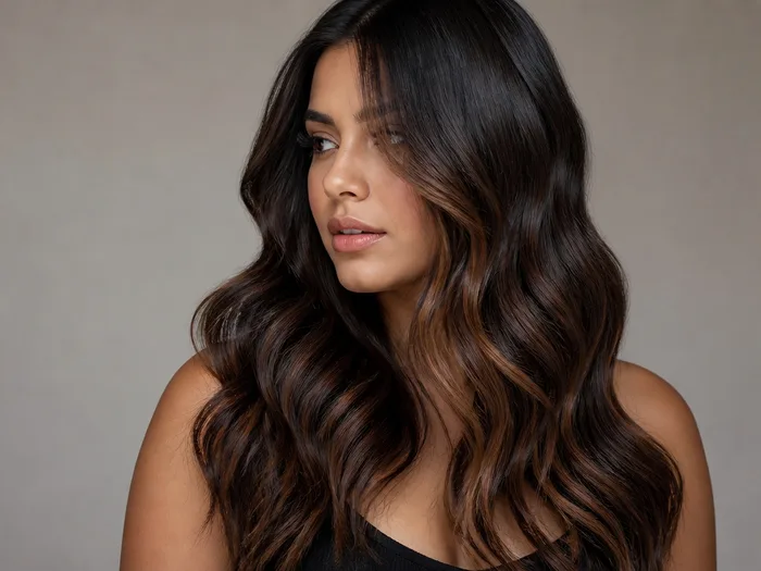 Mocha balayage on black hair with chocolate ribbons