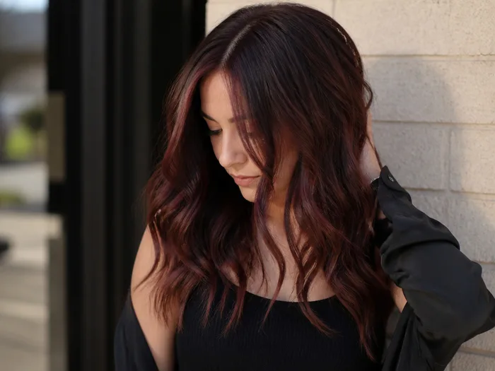 Cherry mocha balayage with deep red brown tones