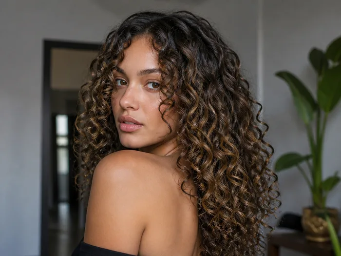 Mocha balayage on curly hair with dimensional ribbons