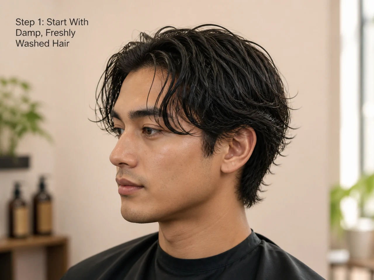 Young man with freshly washed damp hair after towel-blotting with a microfiber cloth, ready to begin styling in front of a bathroom mirror