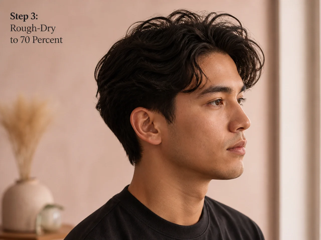 Man rough-drying medium-length hair with a hair dryer and fingers lifting the roots at the crown for volume
