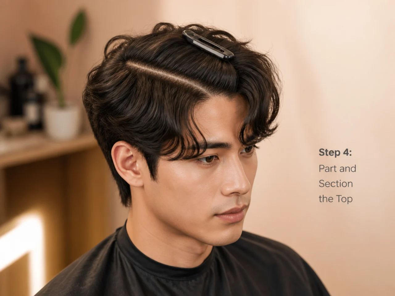 Wide-tooth comb creating a clean middle part running from the crown to the hairline on damp hair