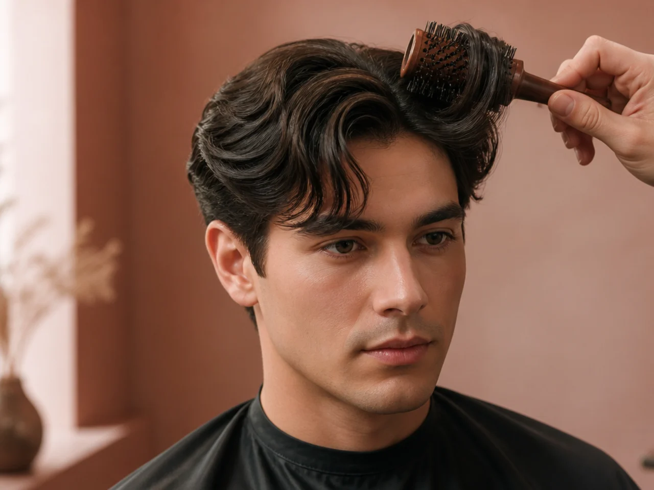 Ceramic round brush wrapped around the front hair section with hair dryer angled from above at close range to build the comma curl