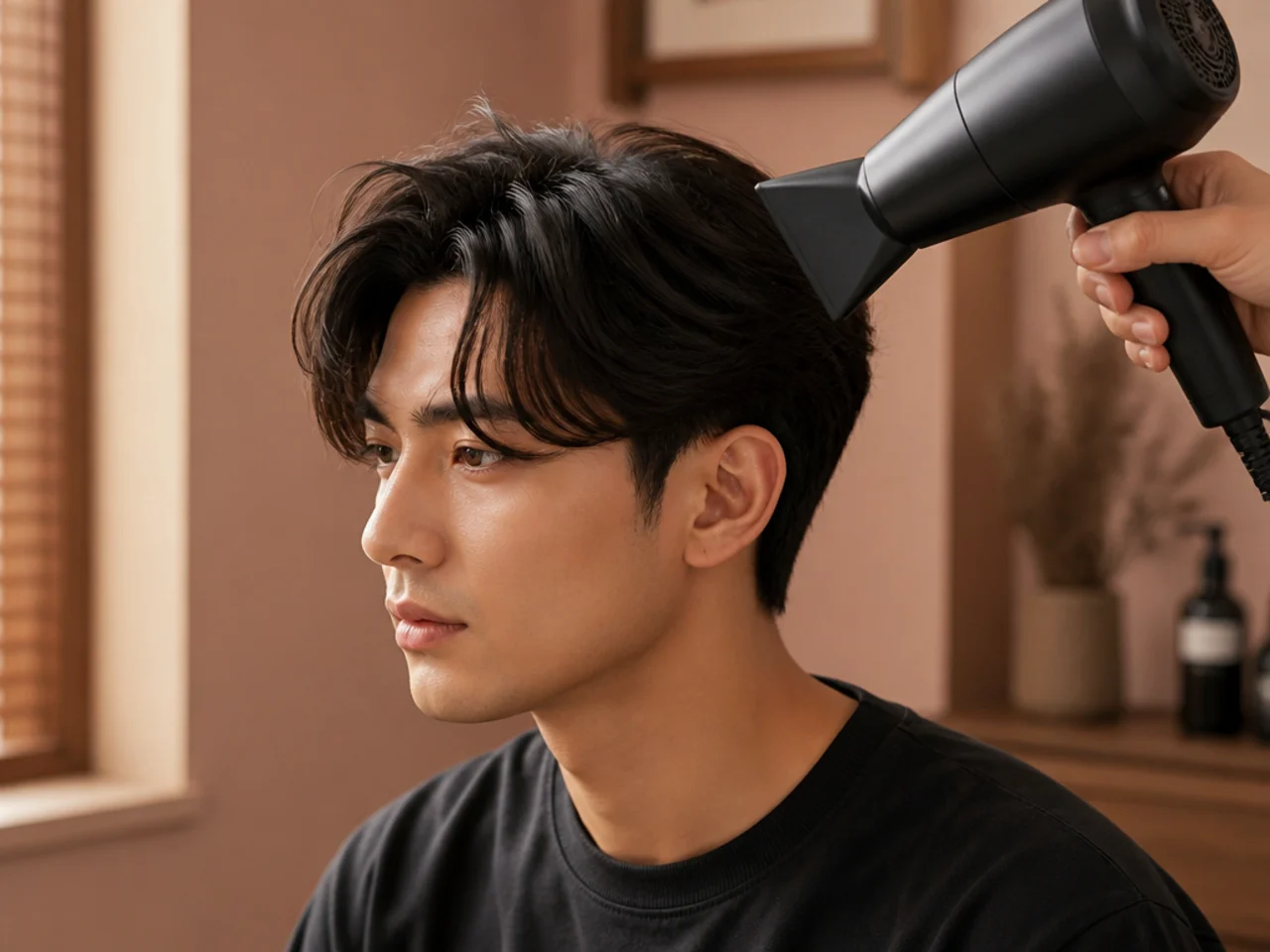 Cool shot from a hair dryer setting the curl shape while the round brush stays wrapped in the front hair section