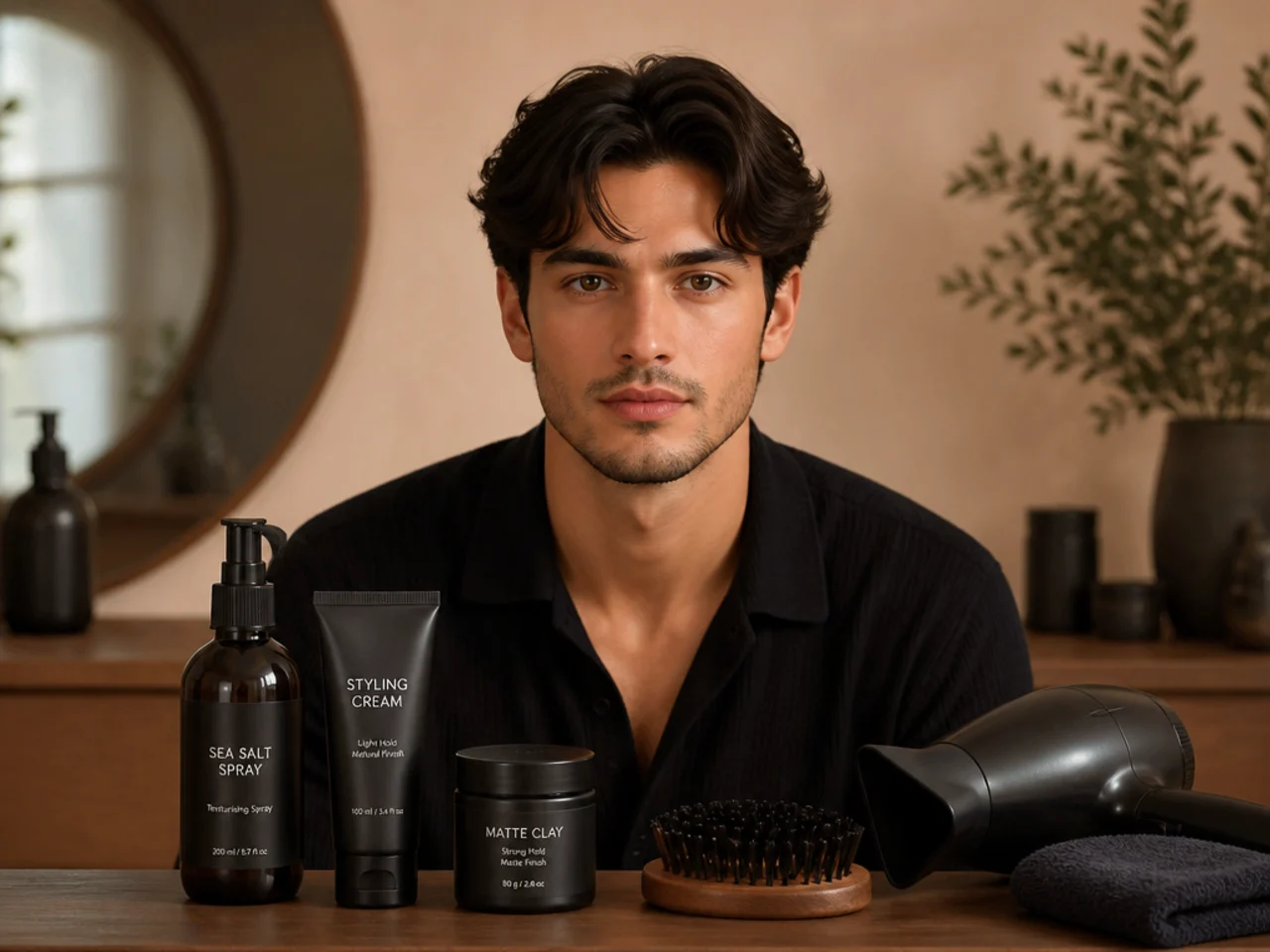 Flat lay of styling tools on a bathroom counter: a 1500W hair dryer with concentrator nozzle, 1-inch ceramic round brush, wide-tooth comb, curl cream, and heat protectant spray
