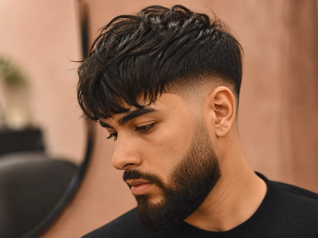 A modern fringe paired with a full beard
