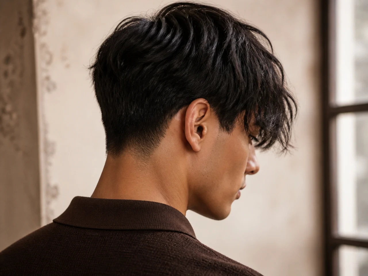 A long modern fringe falling past the eyebrows