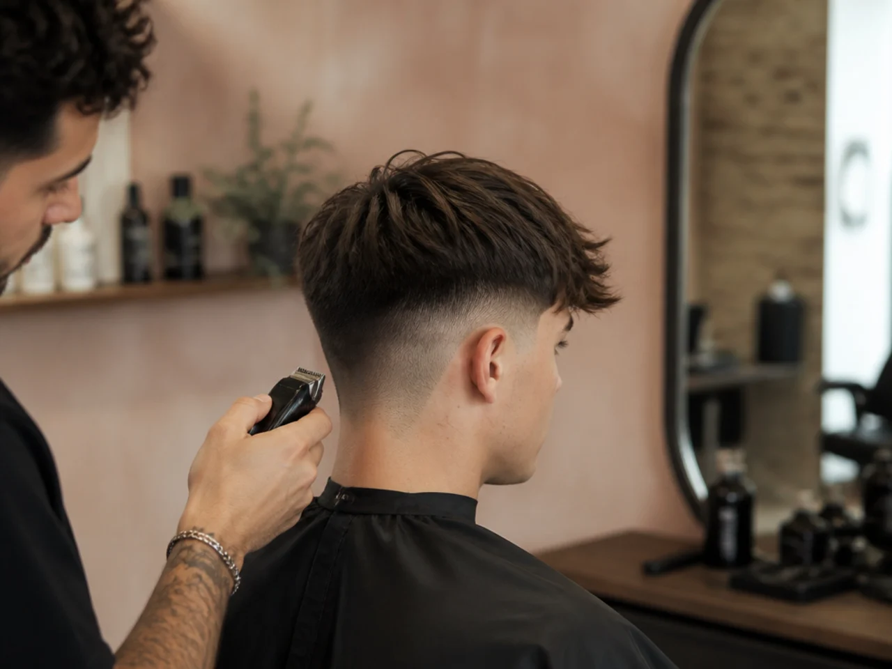 A barber blending a modern fringe into the sides