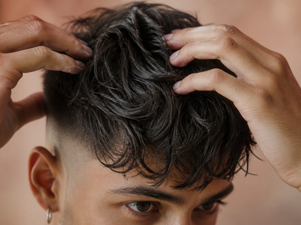 Matte clay being worked into damp hair with fingers
