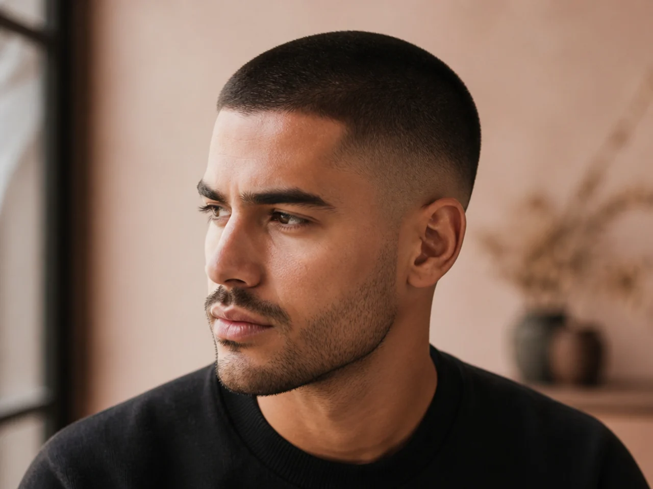 A soft buzz cut at a number three with a blurred taper