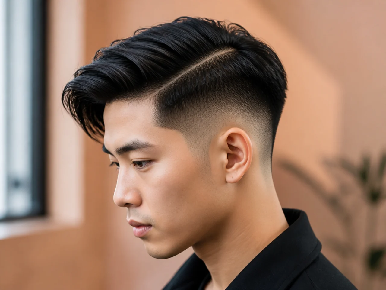 A soft modern side part with no shaved line