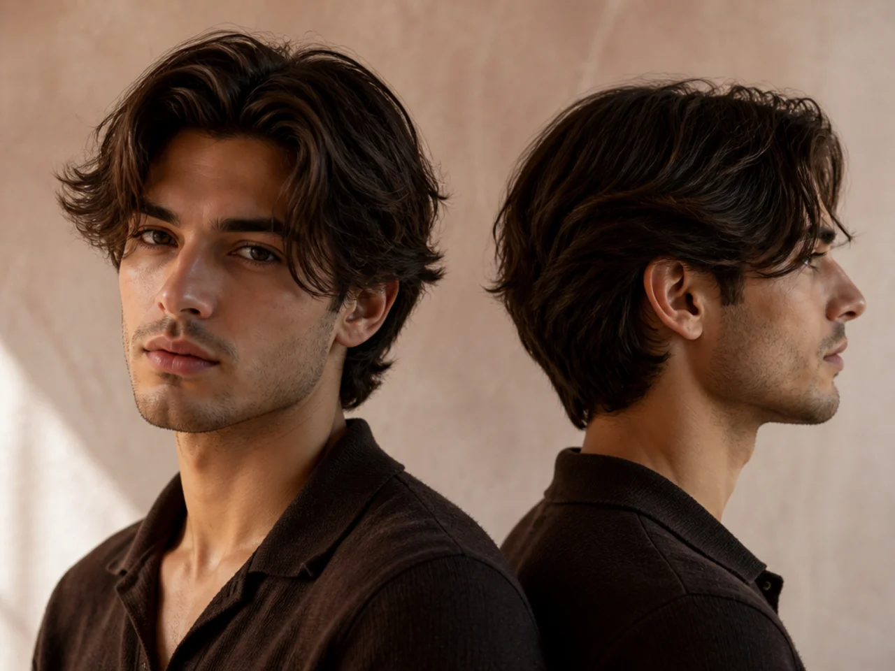 A grown-out middle part styled with fingers