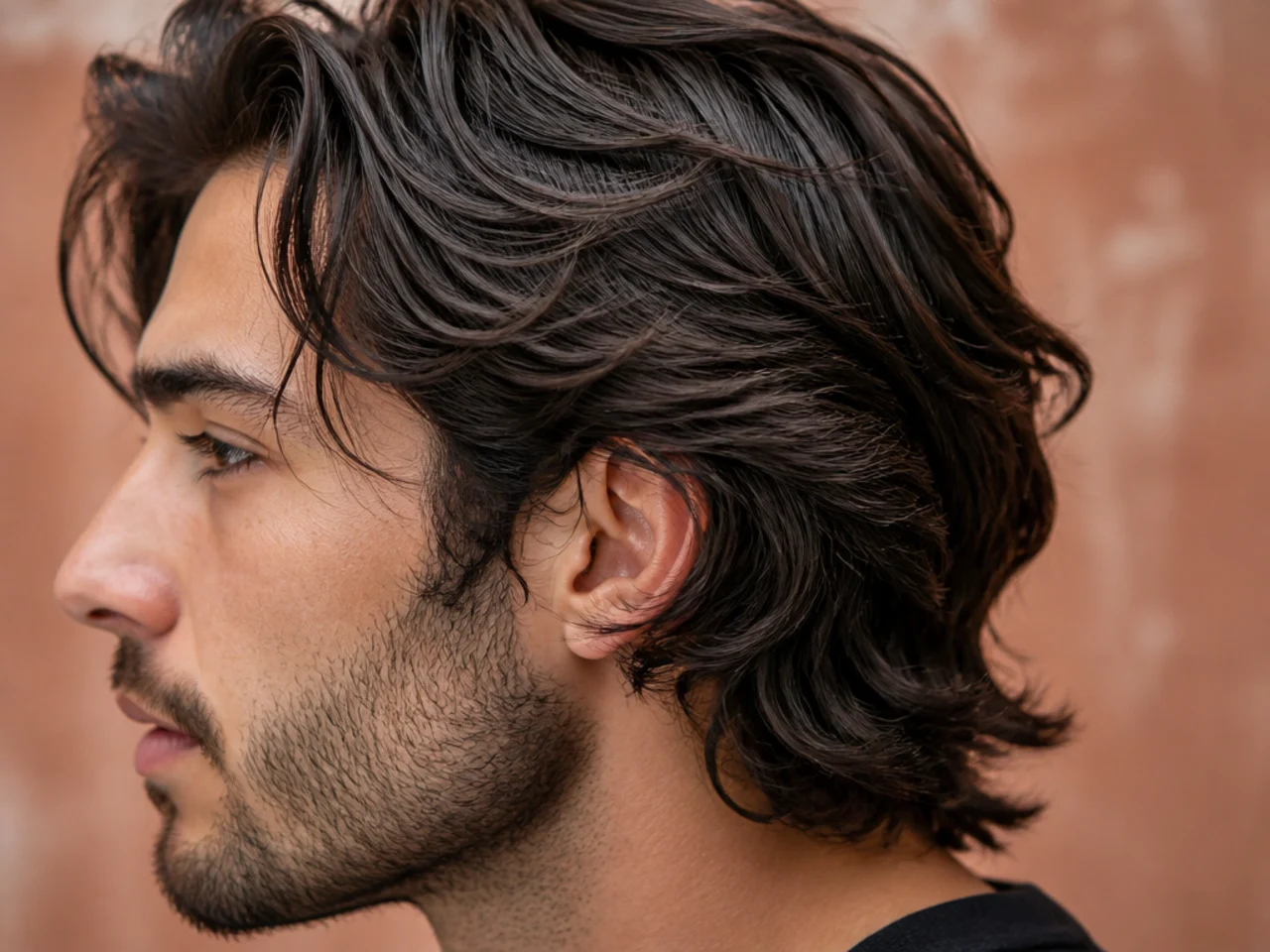 Grown-out flowing medium-length hair