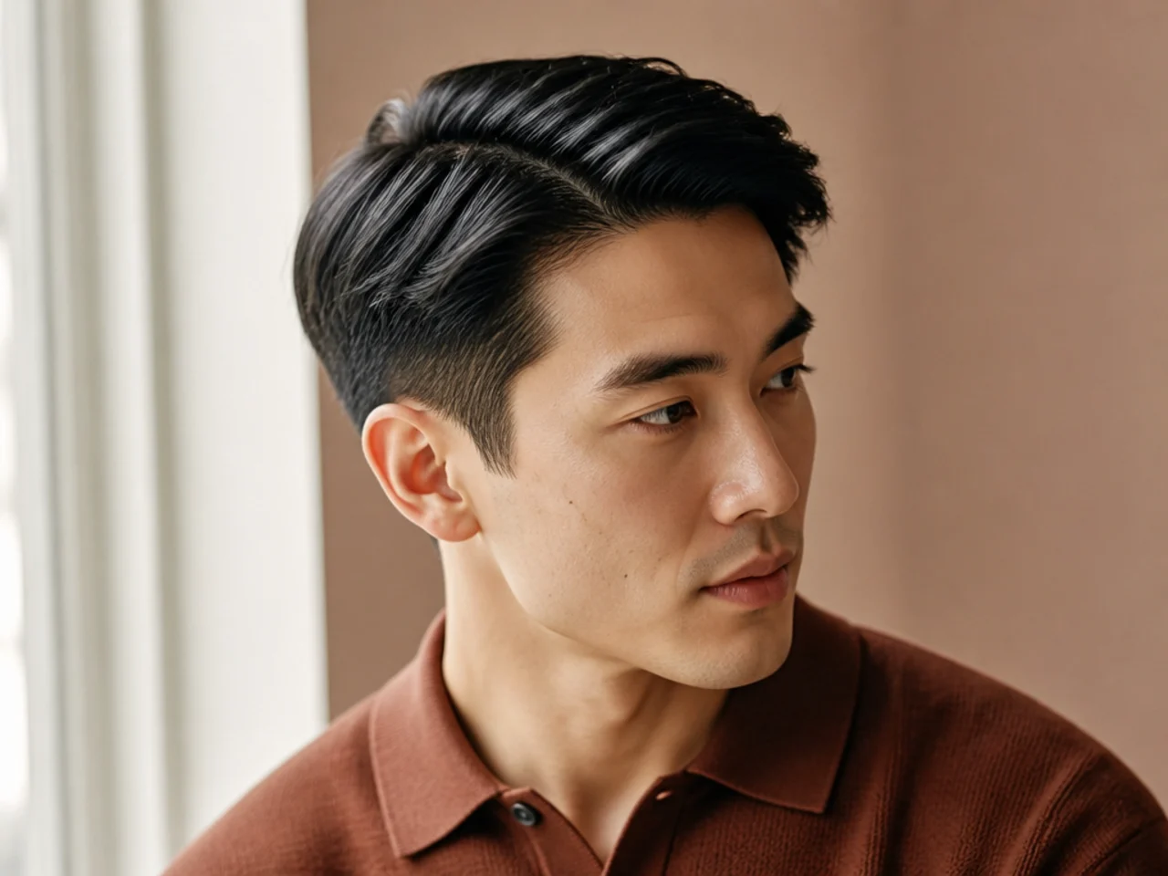 A scissor-cut ivy league haircut with soft sides