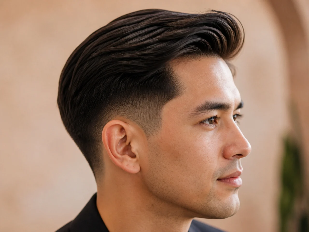 An ivy league haircut with a low taper and a long top