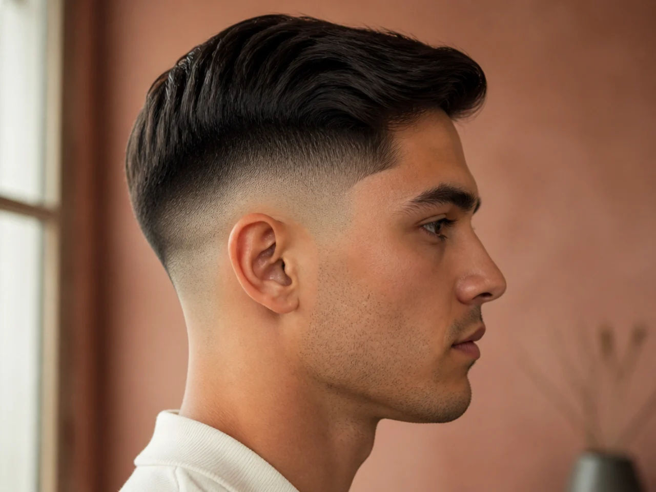 A disconnected ivy league haircut with a hard step at the sides