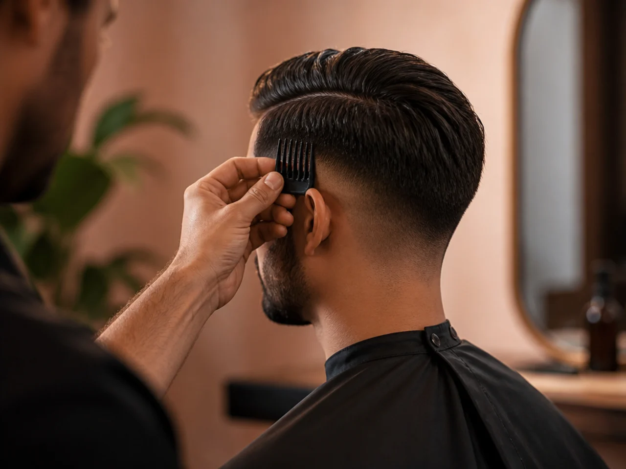 A barber holding a clipper guard against the side of a modern ivy league