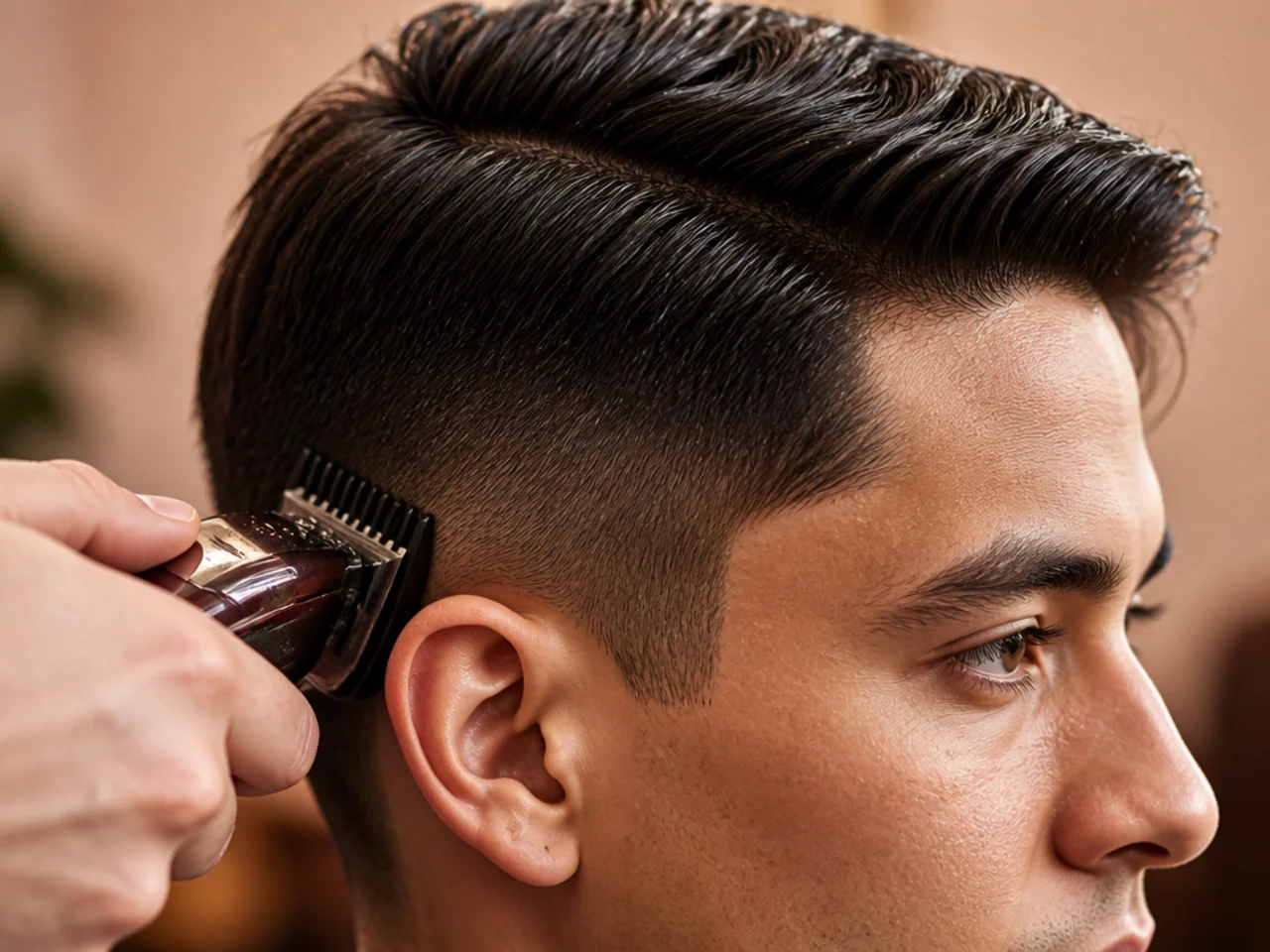 The side of a modern ivy league haircut being cleaned up with clippers