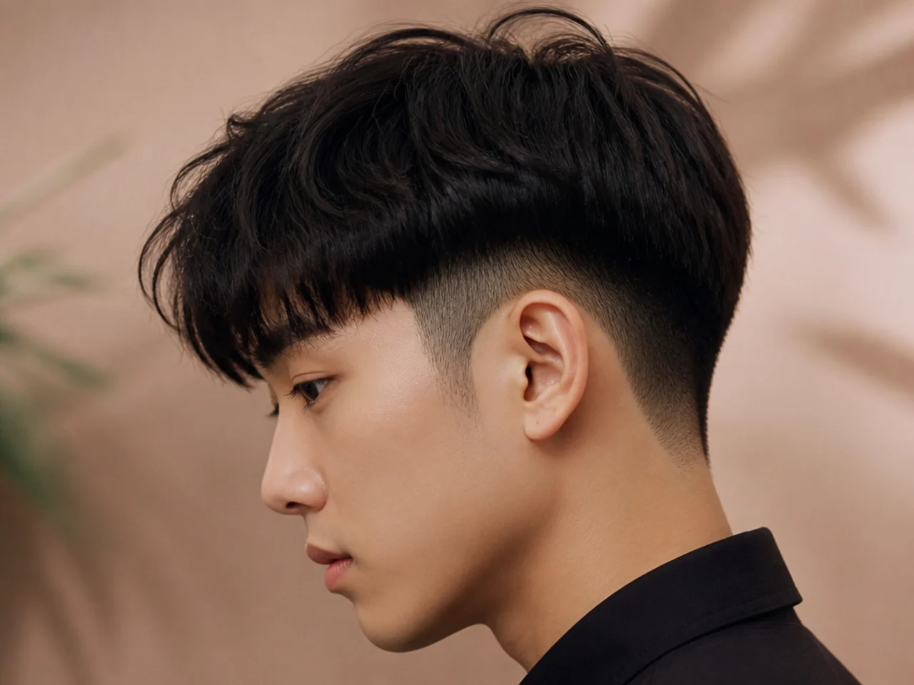 A two-block haircut with a stepped side