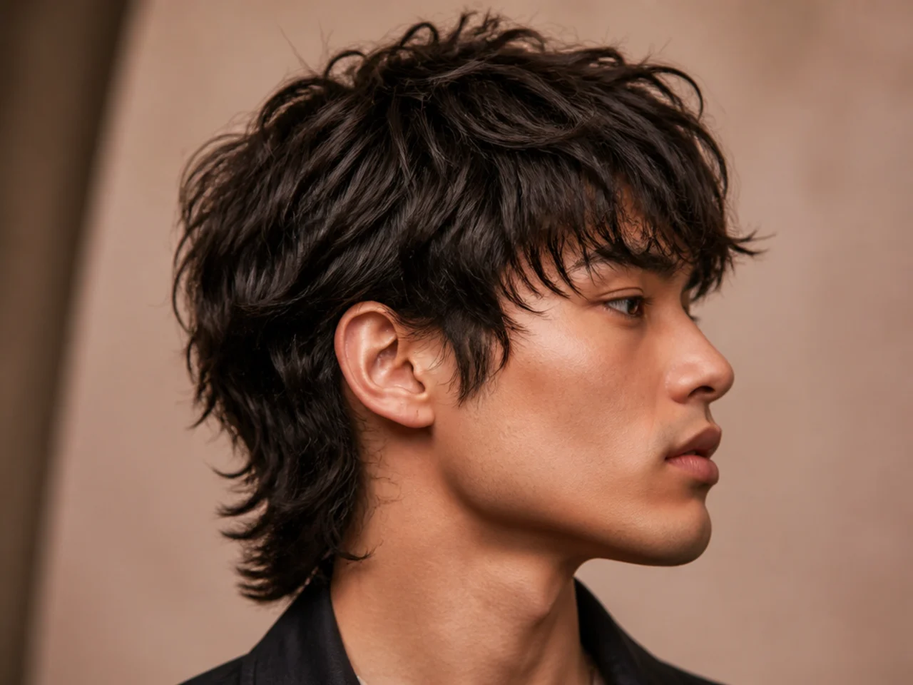 A layered wolf cut on a man