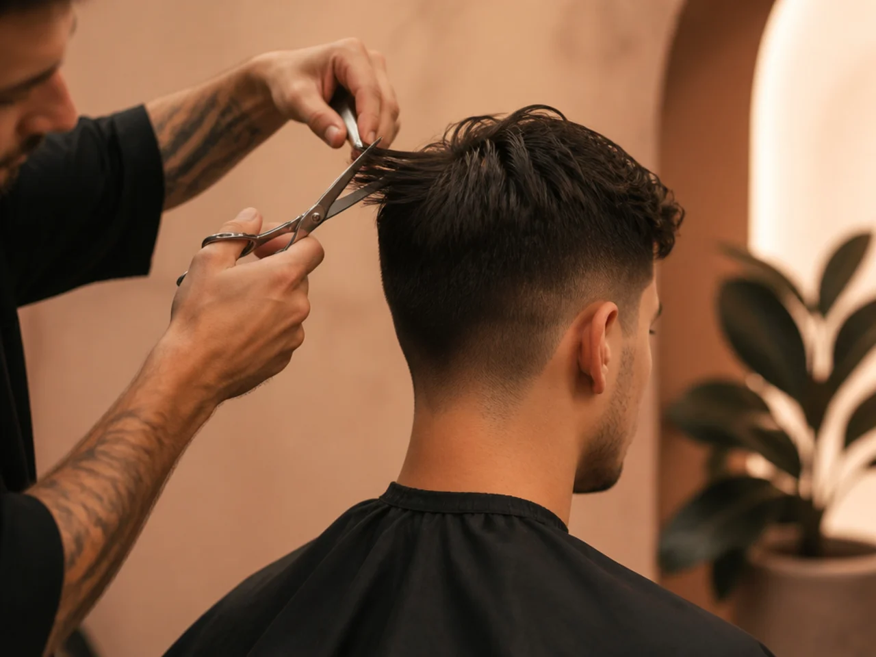 Scissors slide-cutting through a section of hair