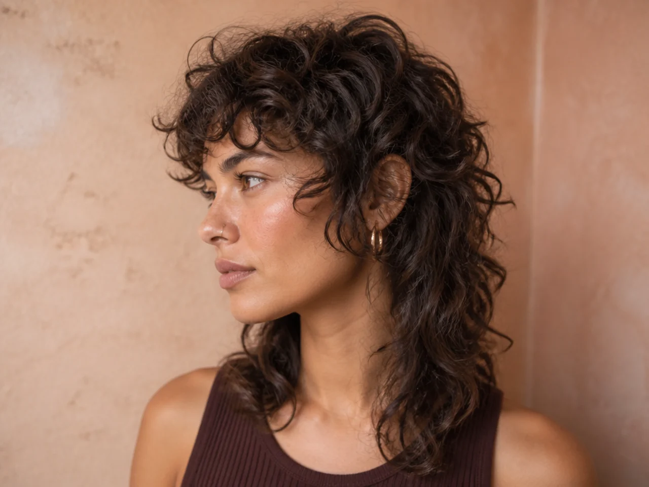 A curly modern mullet with a soft transition