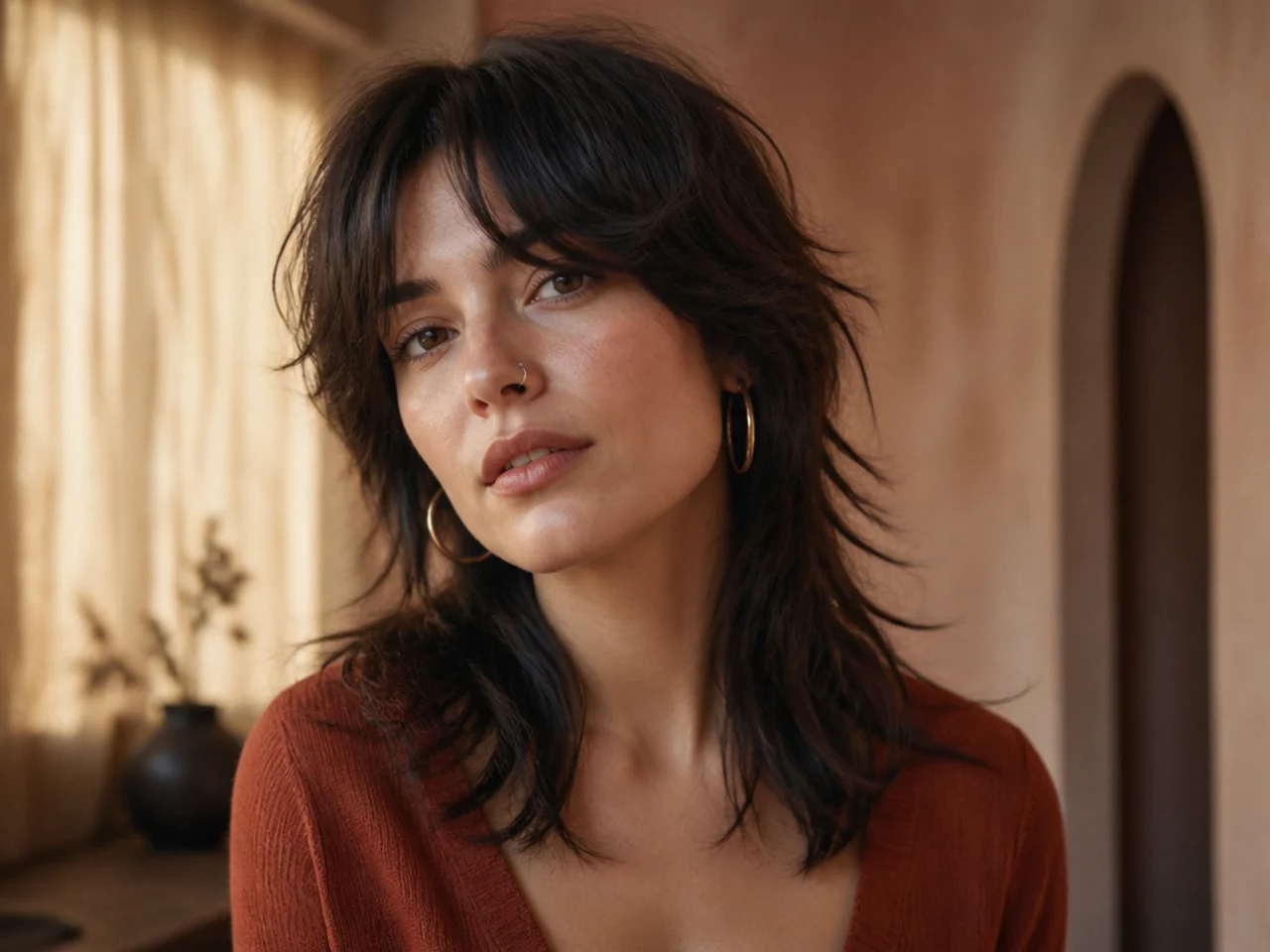 A modern mullet with curtain bangs
