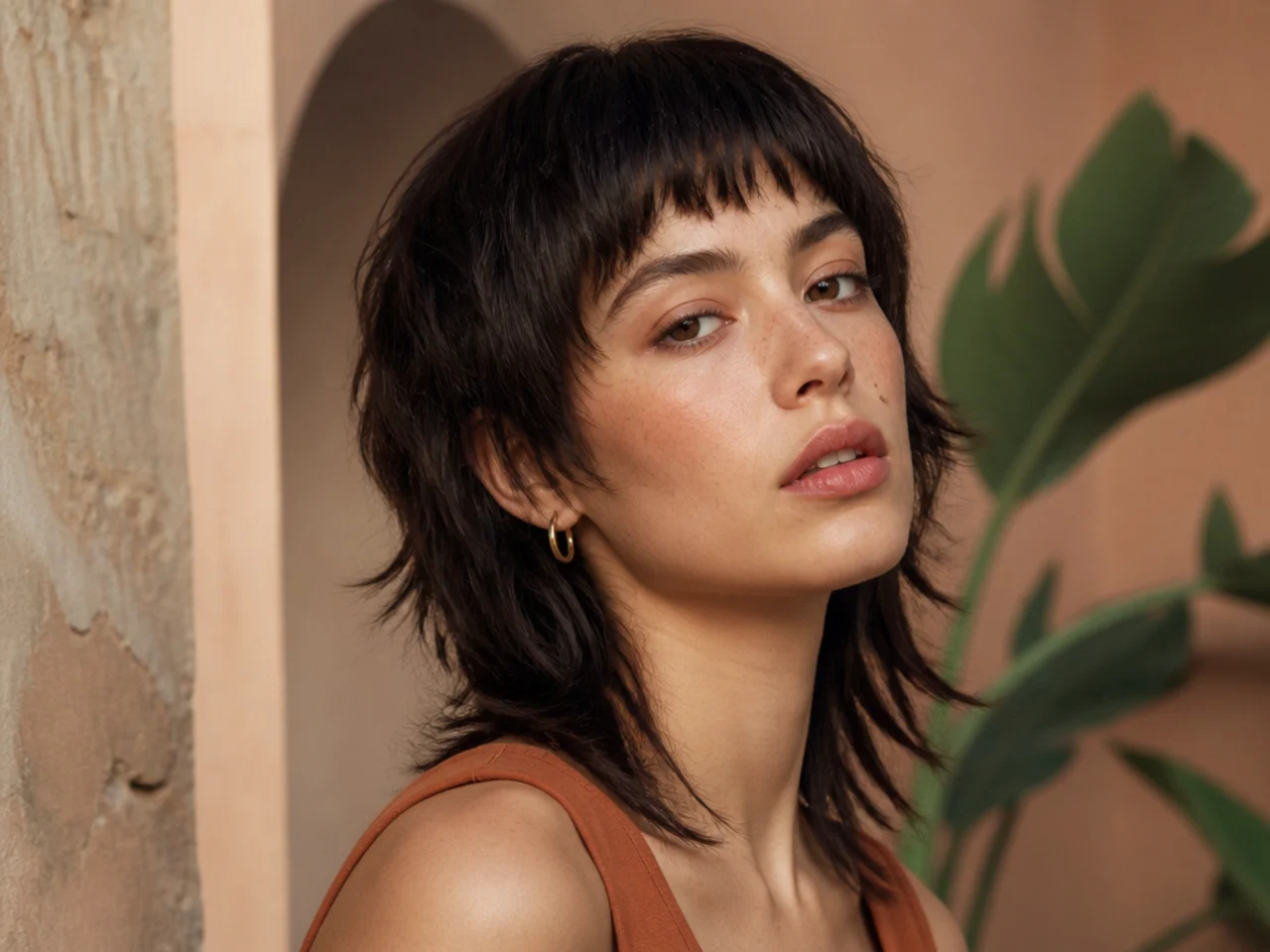 A modern mullet with blunt bangs across the forehead