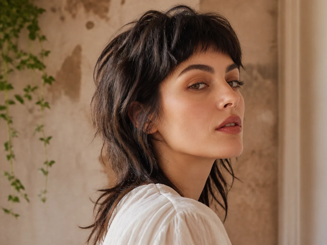 A modern mullet with micro bangs above the brow