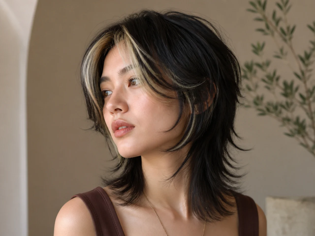A modern mullet with a lightened money piece at the front