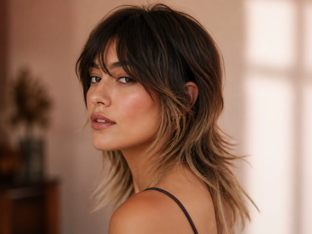 A modern mullet with a shadow root melting into lighter lengths