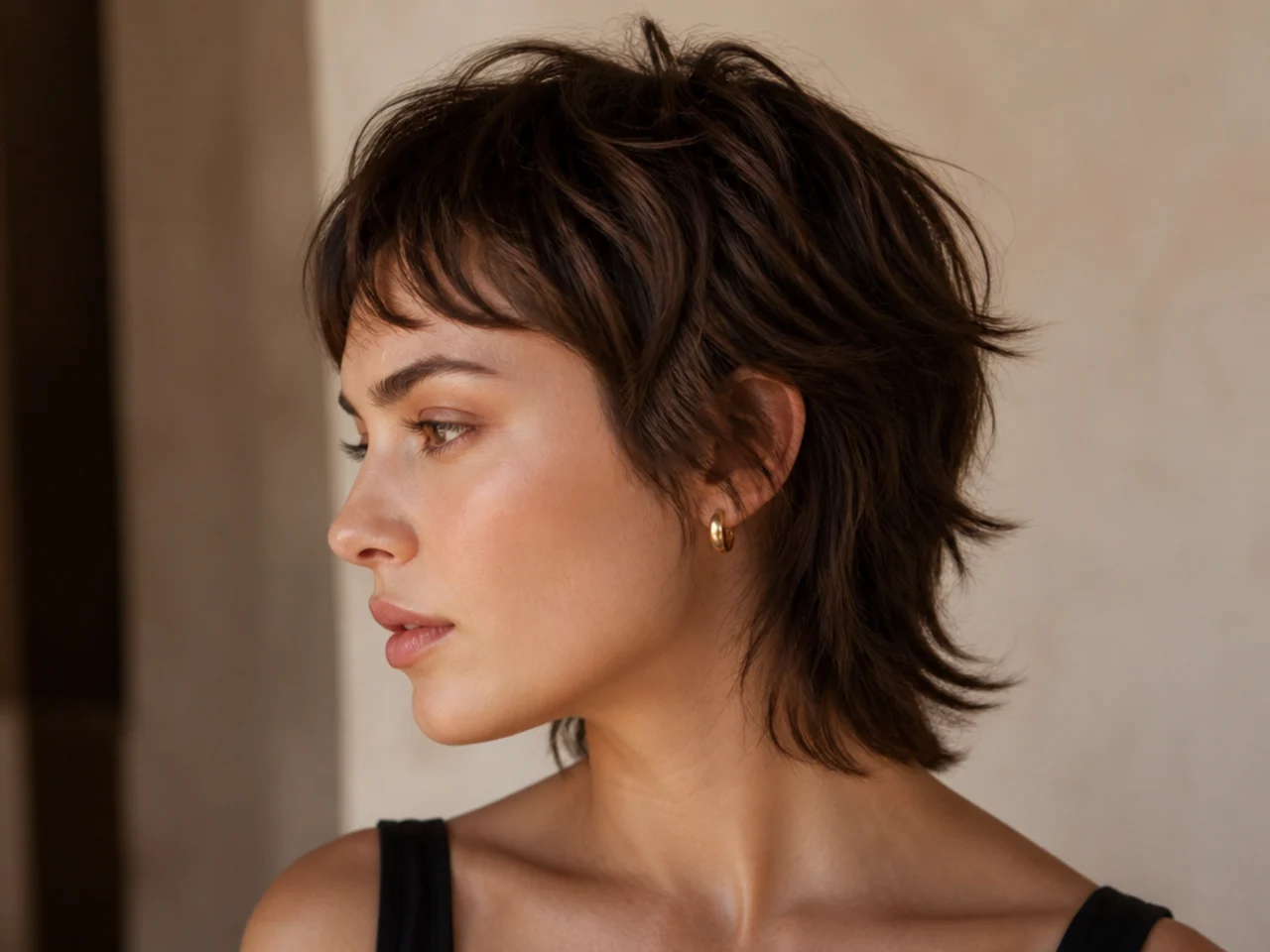 A short modern mullet ending at the nape