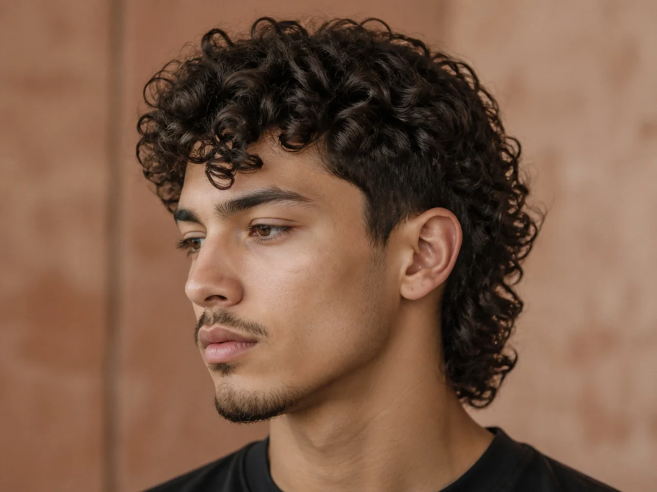 Curly-front comma mullet on 3A dark curly hair with a soft natural coil forming the comma and a curl-friendly mullet at the nape