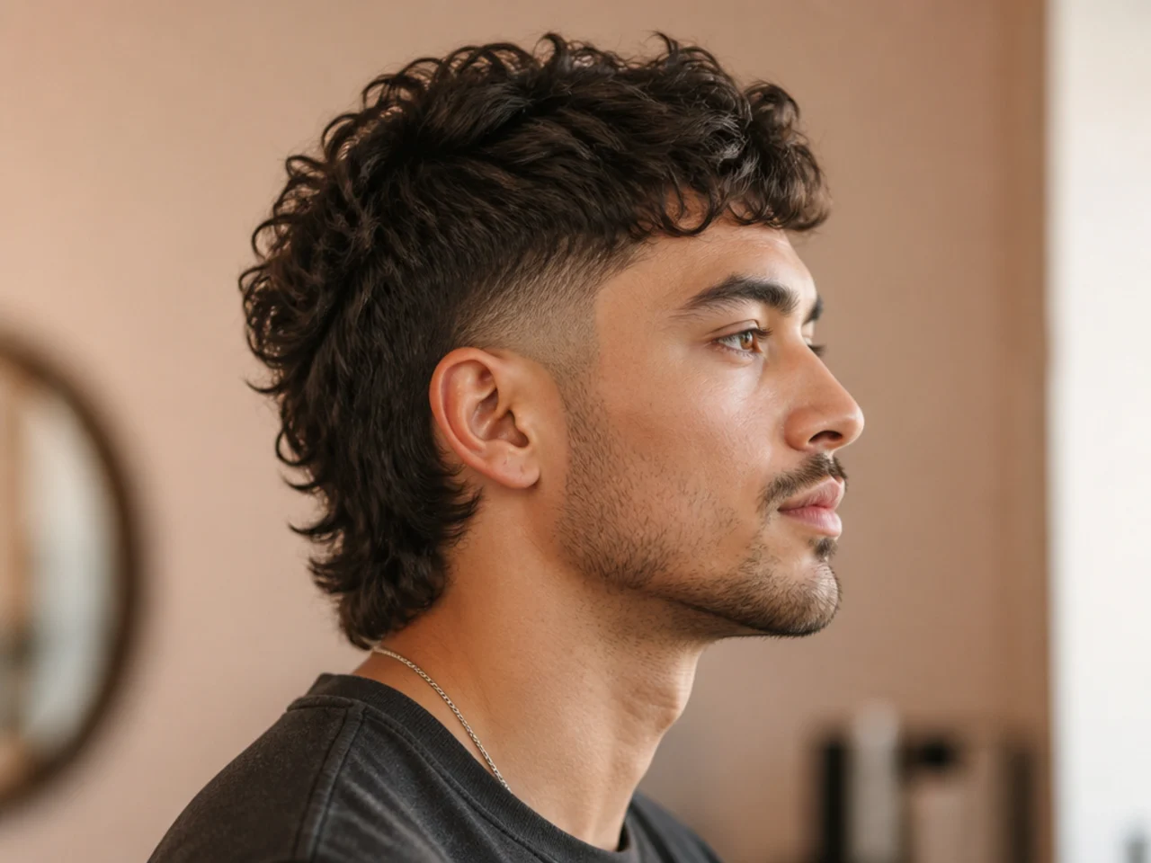 Burst fade comma mullet with a curved fade blooming around the ear, a defined front comma, and a controlled mullet at the nape