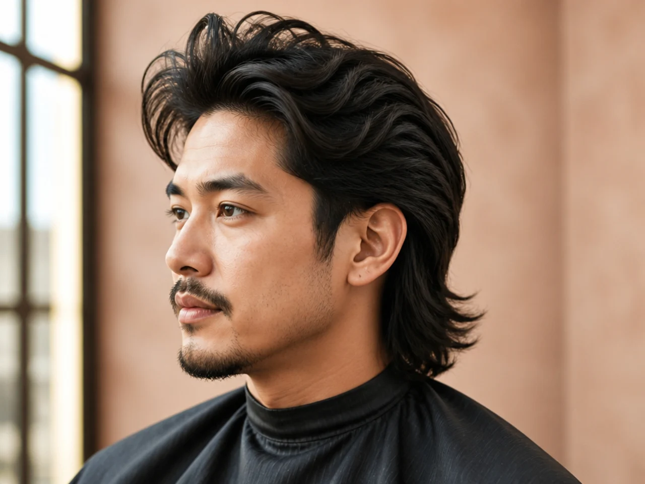Blowout comma mullet with heavy crown volume, a defined front comma, and a lifted mullet drop at the nape