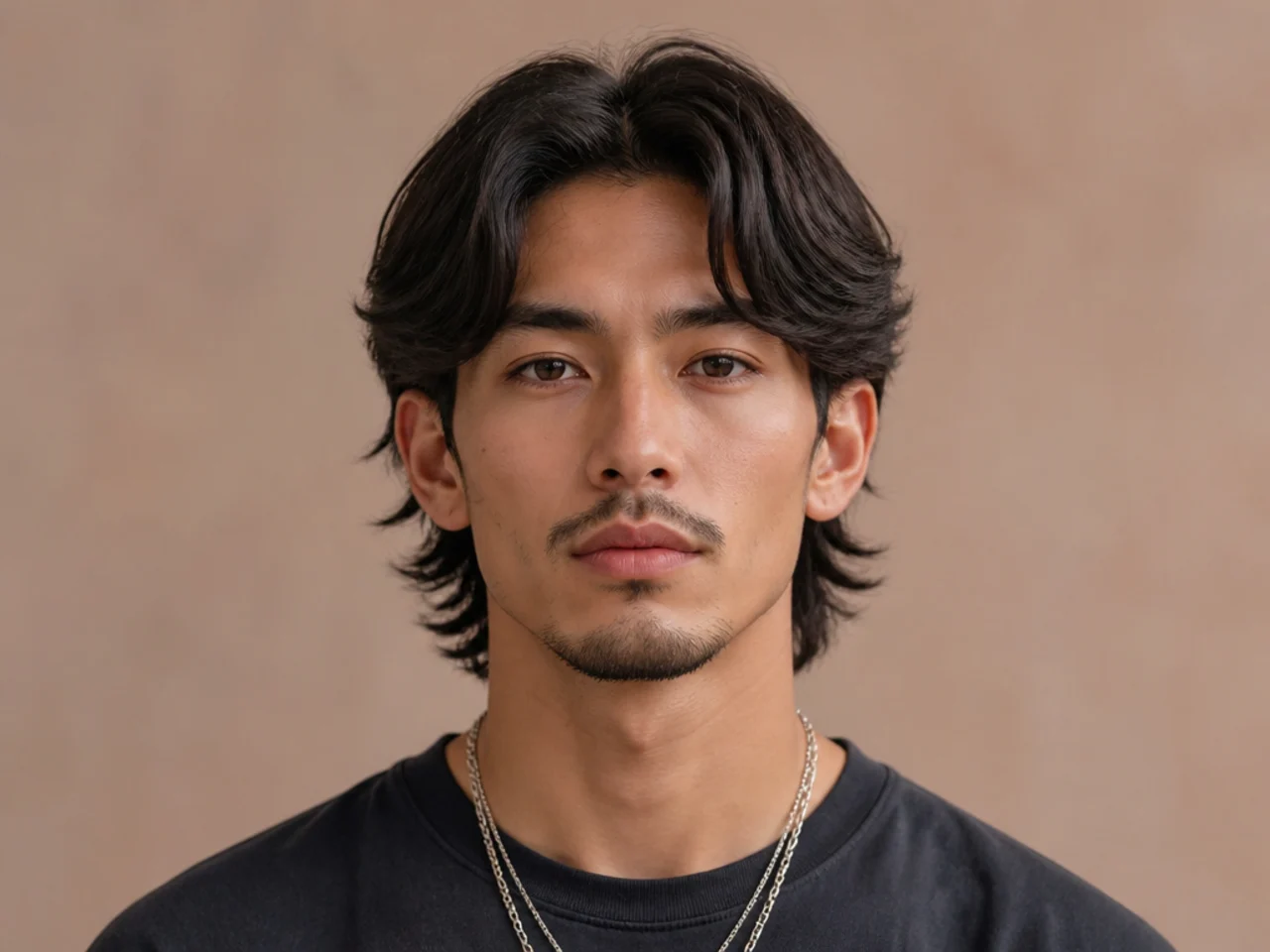 Middle-part comma mullet with a clean center part, twin front commas curling inward, and a smooth mullet drape at the nape