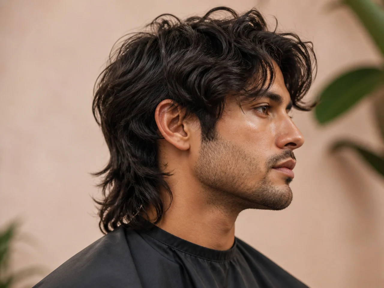 Editorial long comma mullet with a 5.5-inch top, a wide sweeping comma, and a 3.5-inch feathered mullet at the nape