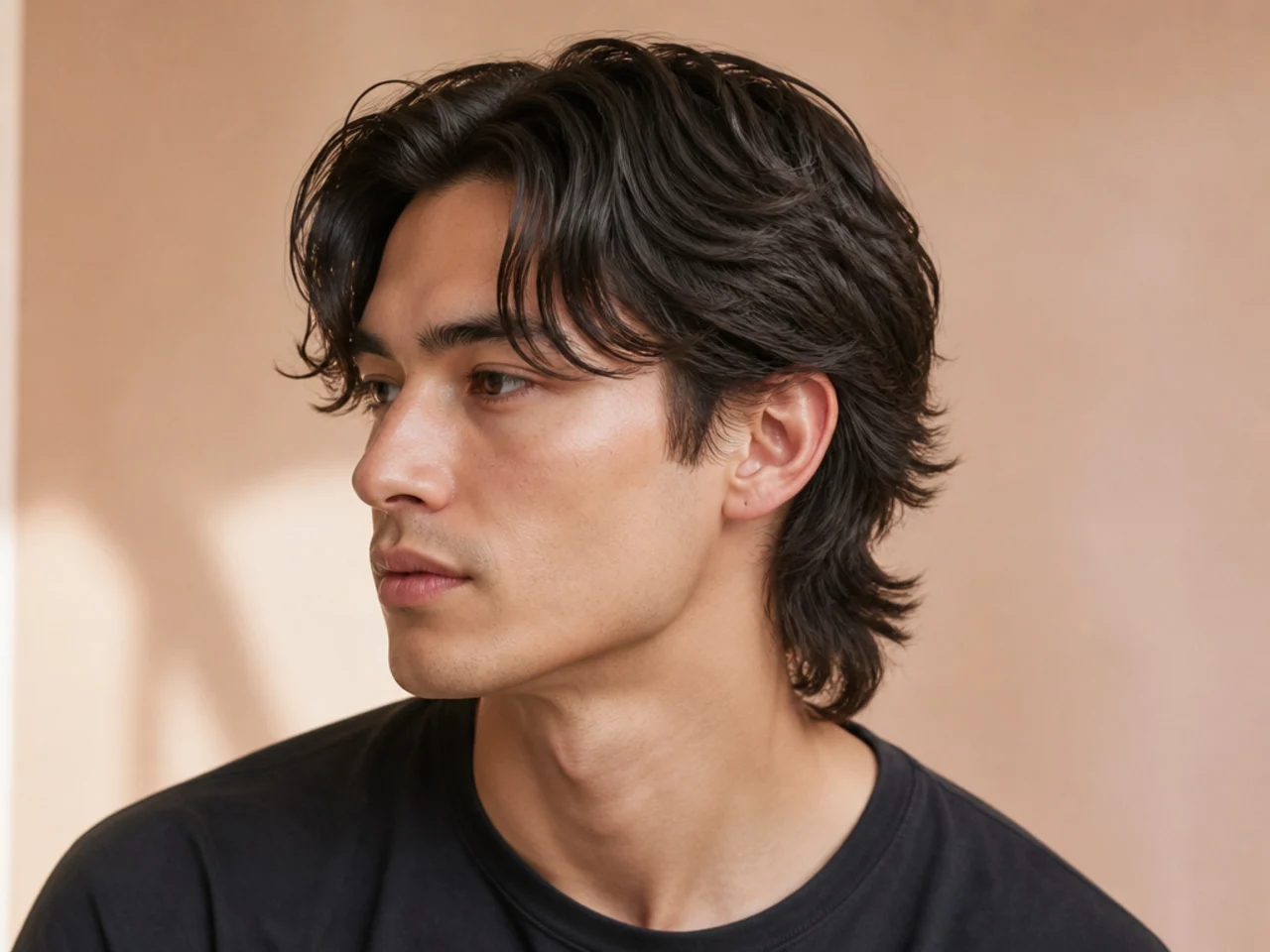 Soft curtain comma mullet with a middle part, twin front sections curling inward, and a soft mullet drape at the nape