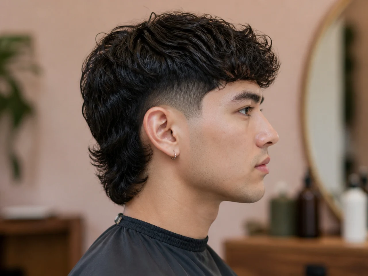 Two-block comma mullet with buzzed sides at a two guard, a soft horseshoe ledge, and a controlled mullet at the nape