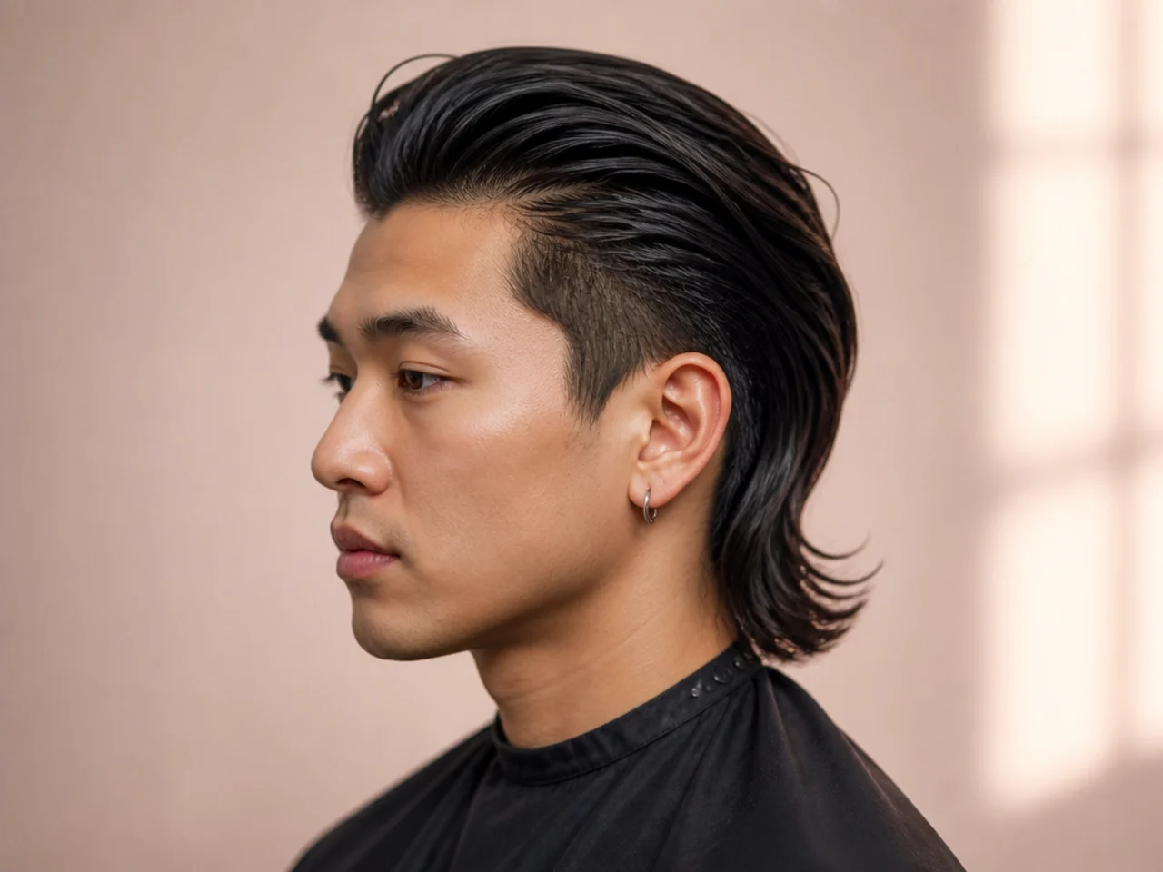 Slick-back comma mullet with a swept-back front, a soft comma curl at the temple hairline, and a controlled mullet at the nape