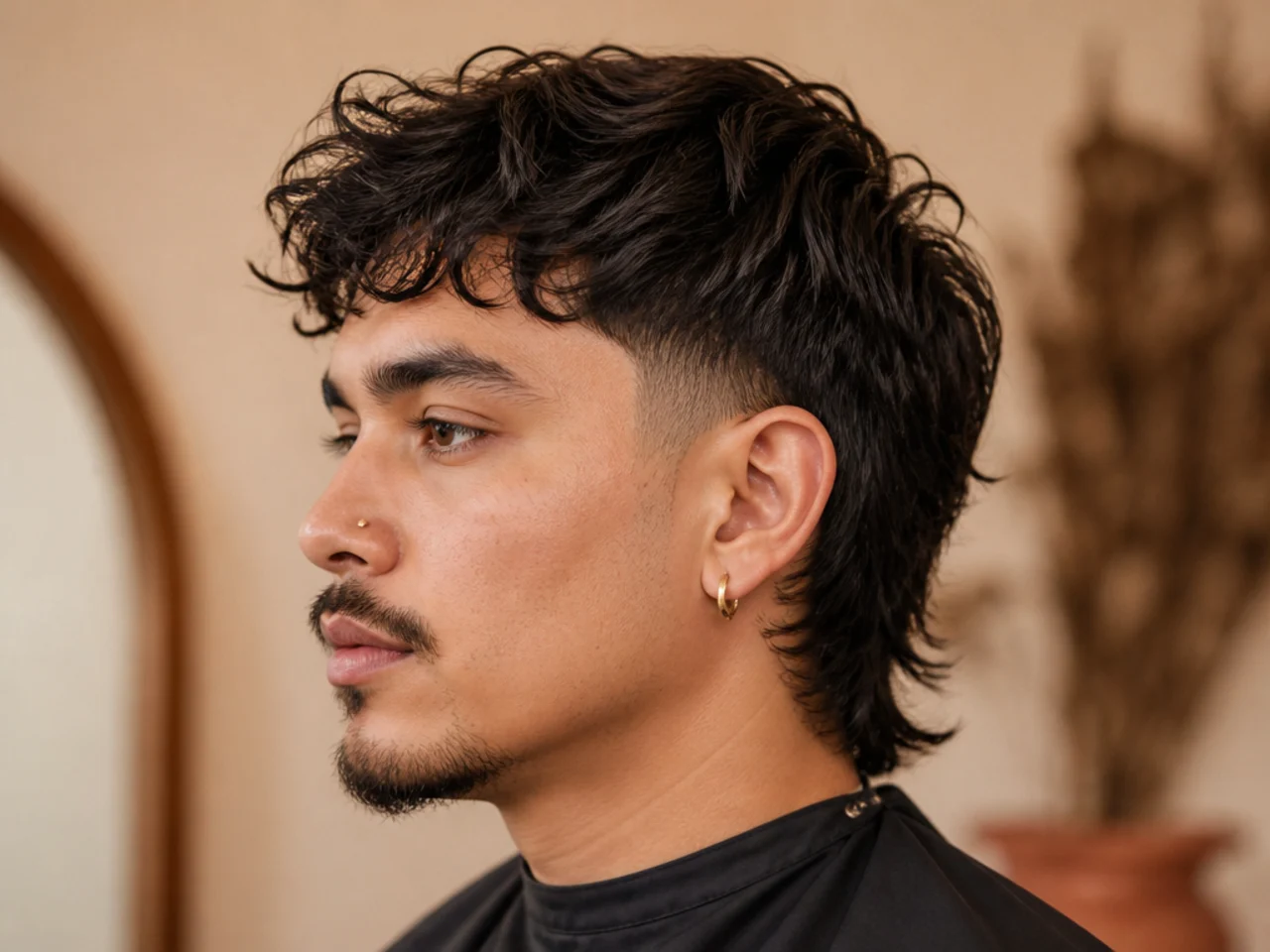 Barber consulting on a modern comma mullet haircut with a phone showing reference photos and a fine comb in hand