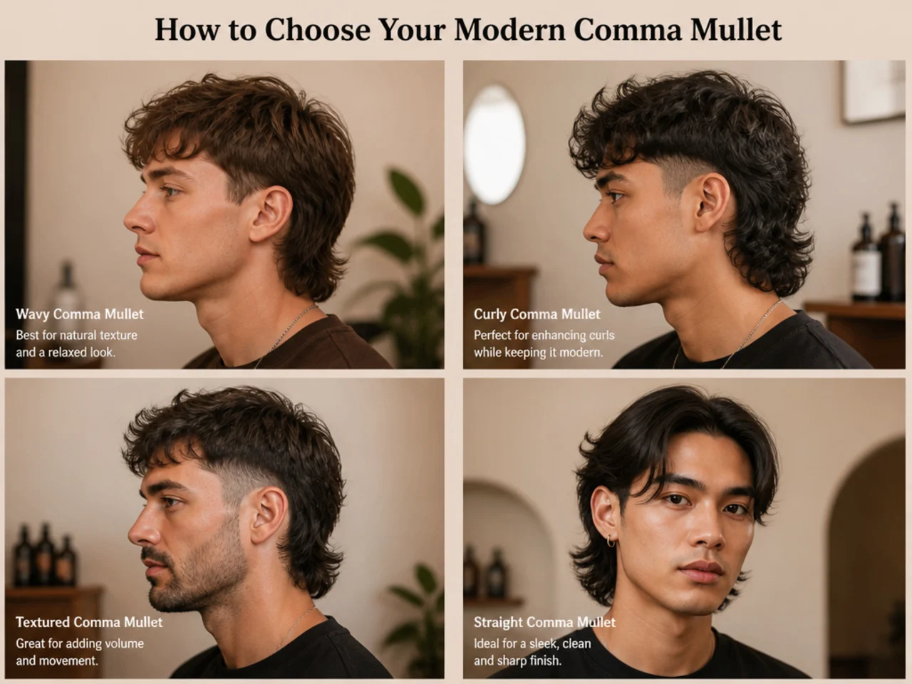 Reference photos of modern comma mullet haircut variations laid out on a warm blush-cream surface with a round brush and curl cream