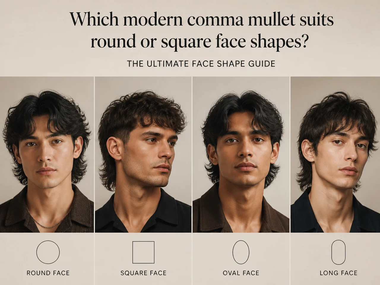 Modern comma mullet face shape guide showing four silhouettes suited to round, square, oval, and long faces