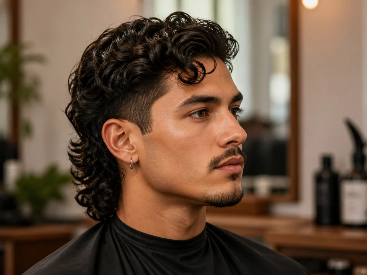 Modern comma mullet styled on 3A wavy dark hair with a natural coil forming the front comma and a curl-friendly mullet drape at the nape