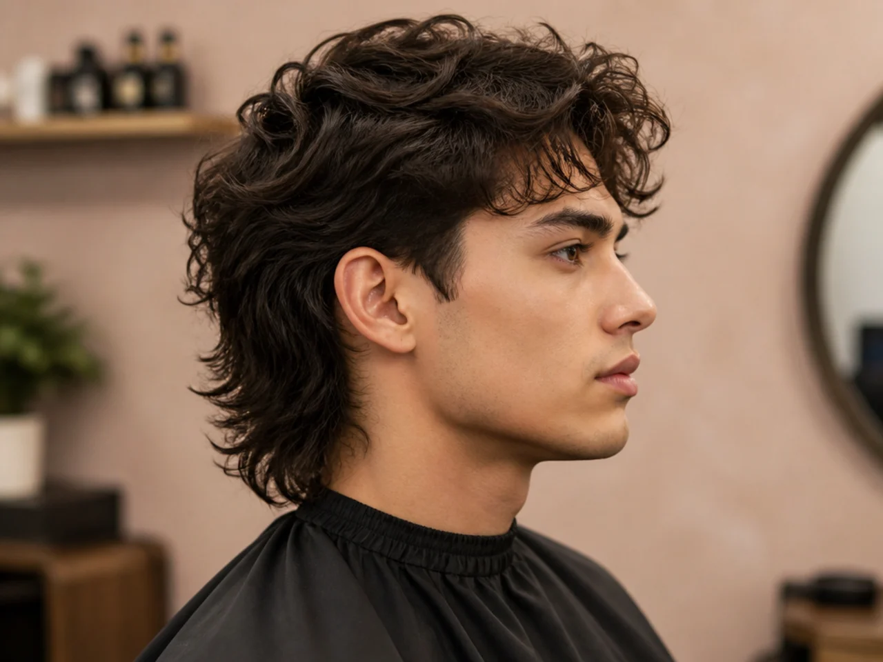 Flat lay of modern comma mullet haircut styling essentials including a round brush, curl cream, sea-salt spray, matte clay, and setting mist
